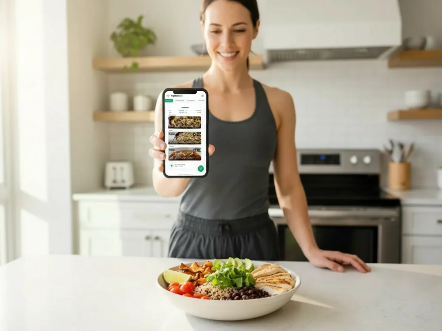 Weekly meal plan from Tuesday to Friday showing calories, protein, carbs, and fat with photos of breakfast, lunch, snack, and dinner meals including turkey, lentils, tofu, chicken, and beef dishes.