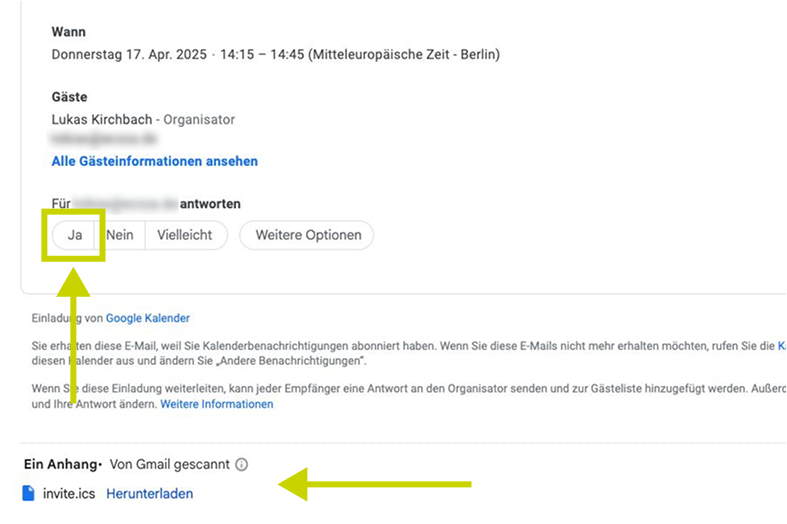 Screenshot of a German Google Calendar email invitation showing the event details for Thursday, April 17, 2025, from 14:15 to 14:45 (CET – Berlin), with the RSVP option "Ja" (Yes) highlighted in green and a download link for the attached .ics file labeled "invite.ics" at the bottom.