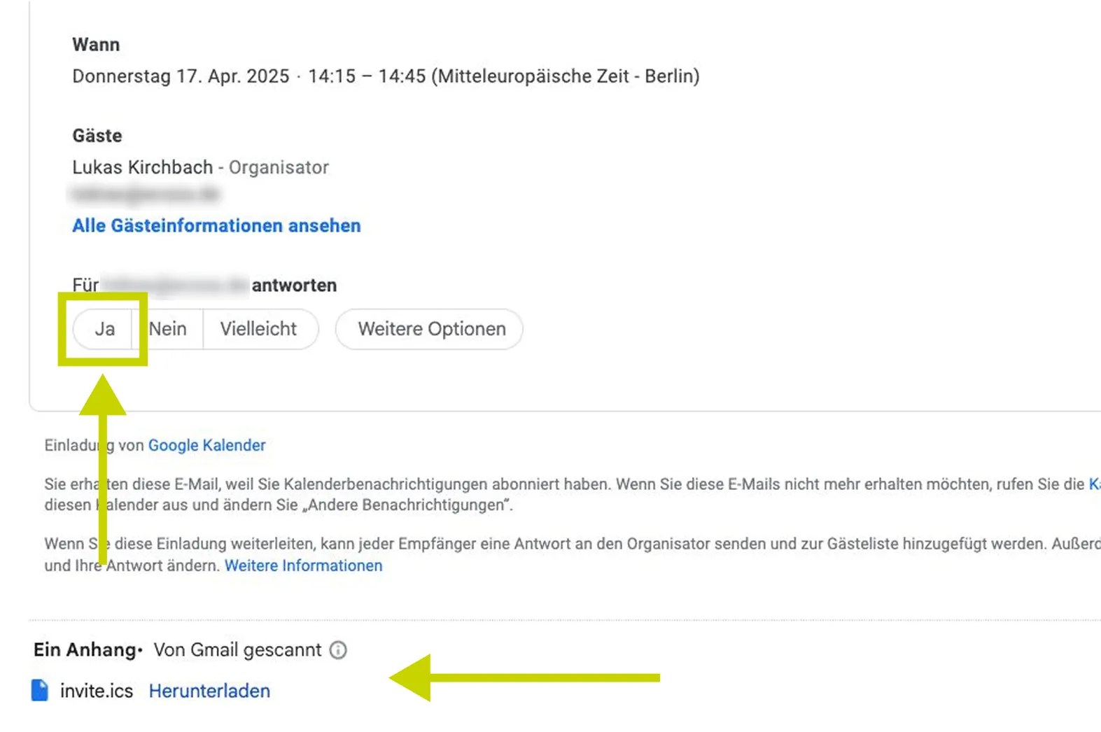 Screenshot of a Google Calendar event invitation in German, highlighting the "Ja" (Yes) RSVP button and a downloadable calendar attachment labeled "invite.ics". The event is scheduled for Thursday, April 17, 2025, from 14:15 to 14:45 (Central European Time – Berlin)