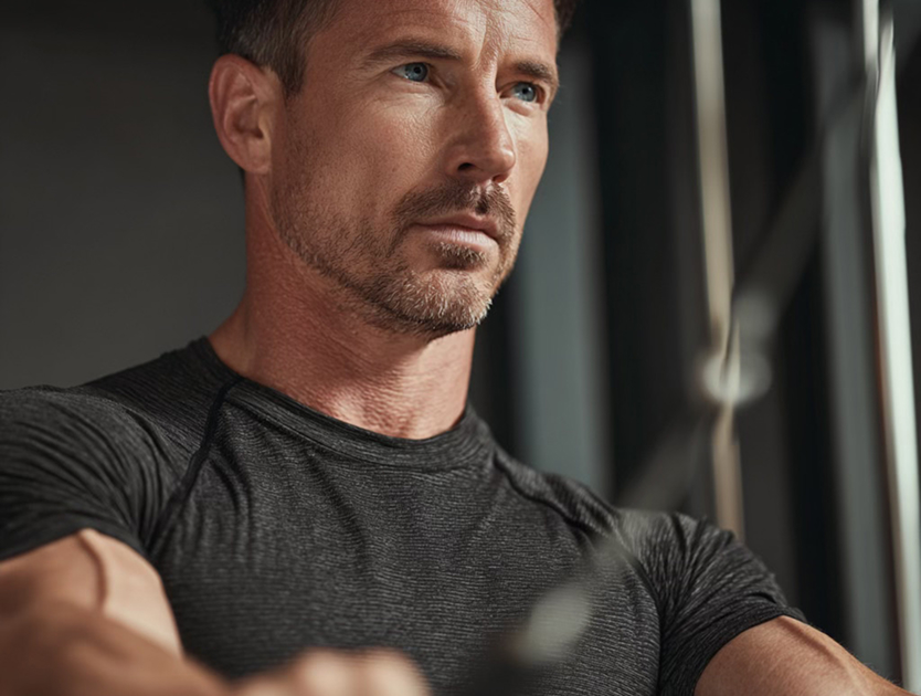 Focused male athlete representing Apex NeuroAxis Protocol — integrated diagnostics, MAT, QNRT, and cellular recovery.