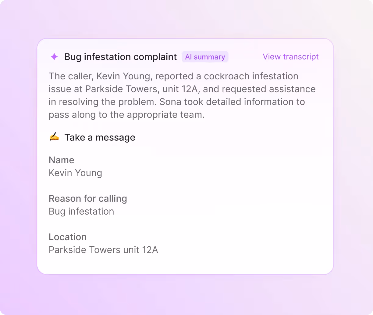 Answering service: Call summary from Sona where a customer reported a sprinkler issue