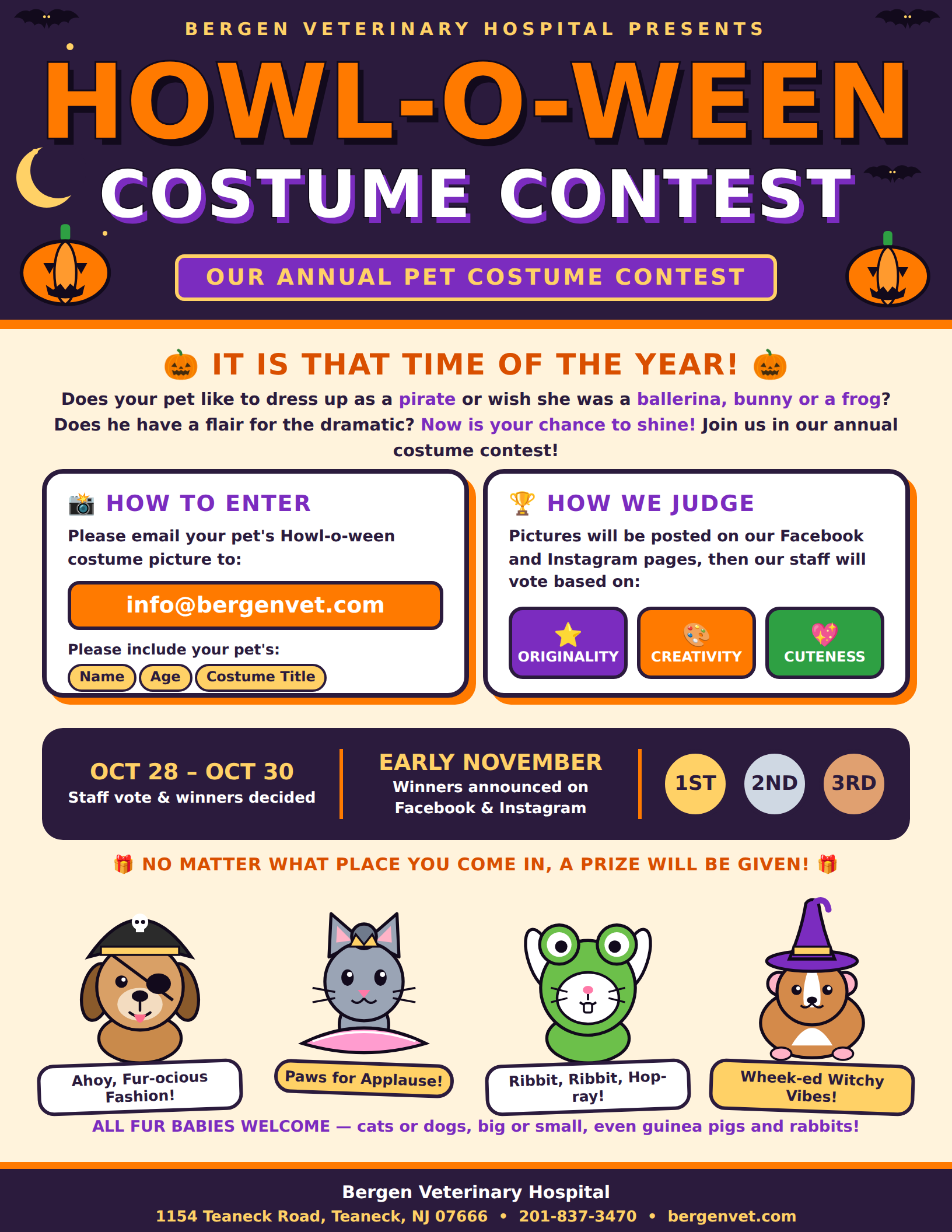 Bergen Veterinary Hospital Howl-O-Ween Pet Costume Contest: email your pet's costume photo to info@bergenvet.com. Staff vote Oct 28-30, winners announced early November on Facebook and Instagram.