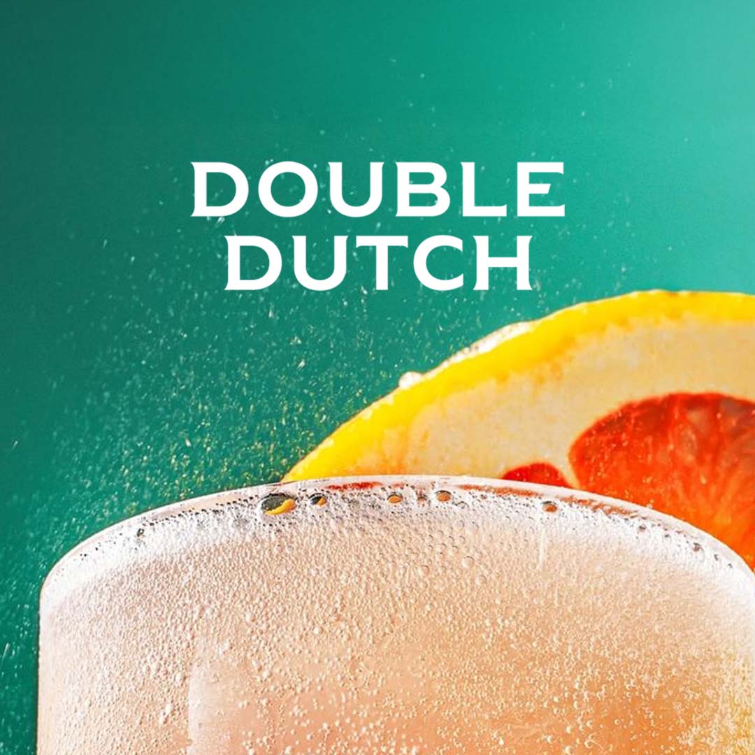 A square tile image depicting a premium carbonated beverage with double dutch logo over the top 