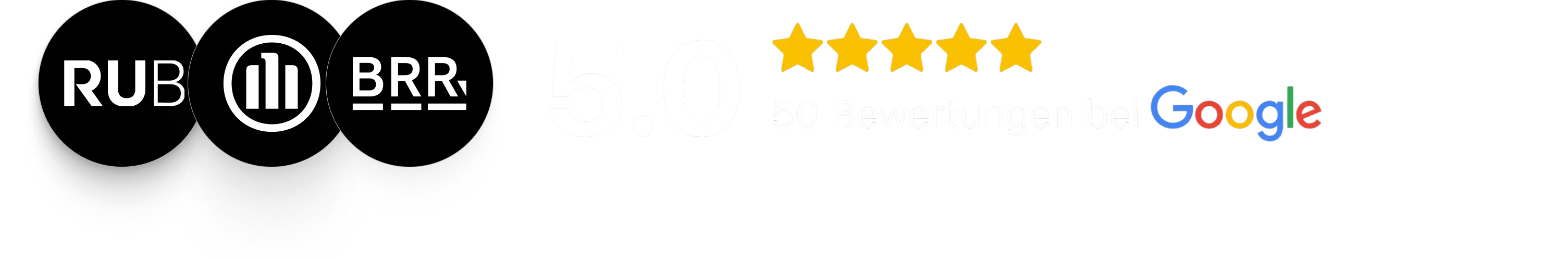 Social Media Werbeagentur mit Google-Bewertung und Logos auf schwarzen Kreisen