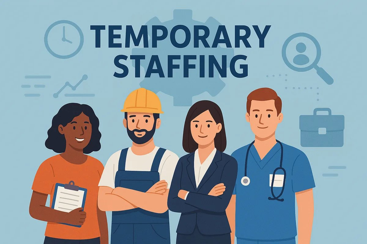 Illustration of temporary staffing workers beneath the words Temporary Staffing