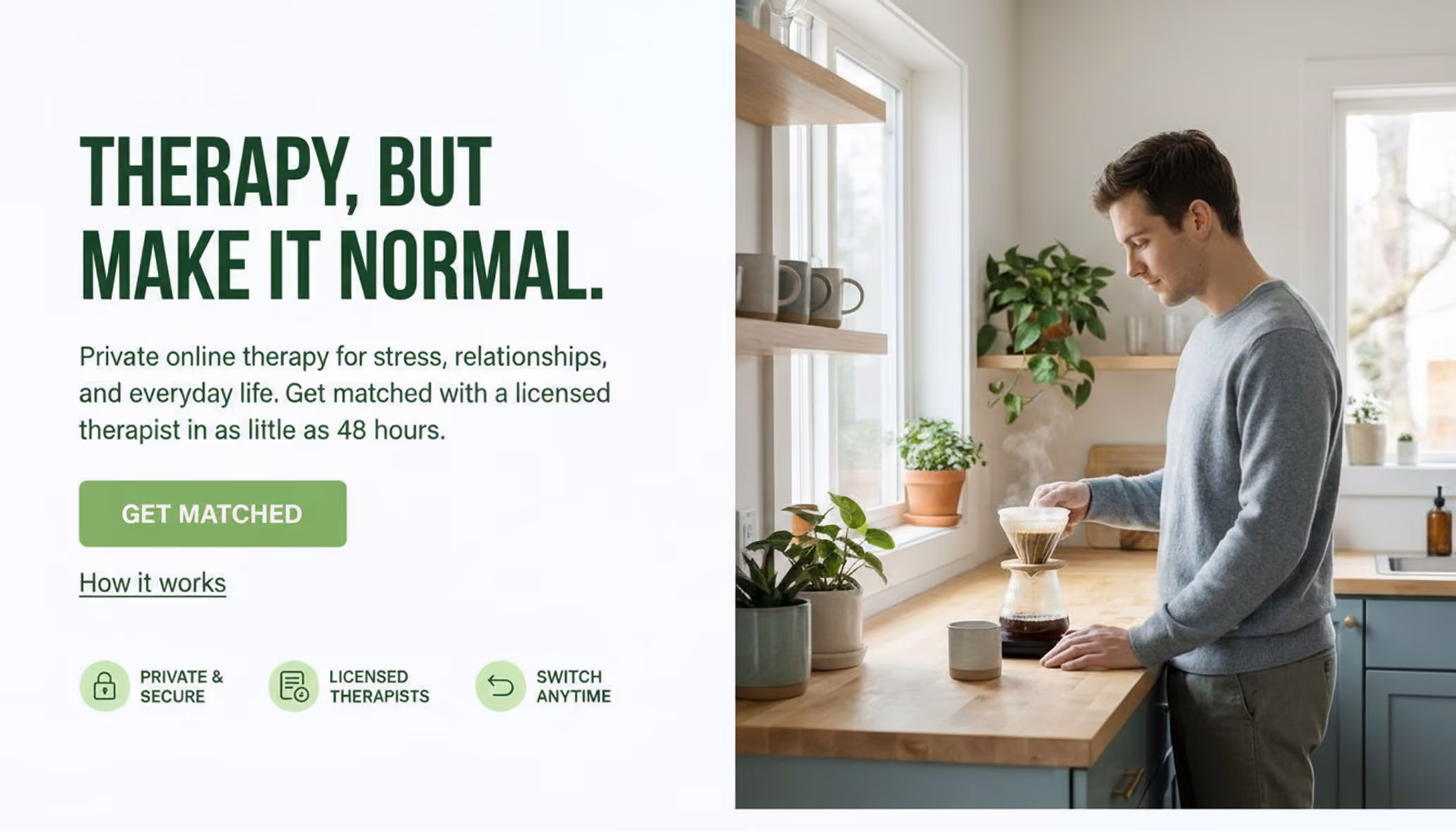 Online therapy landing page mockup showing a man brewing coffee in his kitchen.