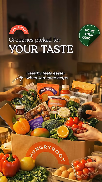 Hands unpacking a Hungryroot grocery box in a Meta ad.