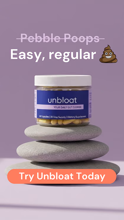 Unbloat supplement jar balanced on a stack of stones.
