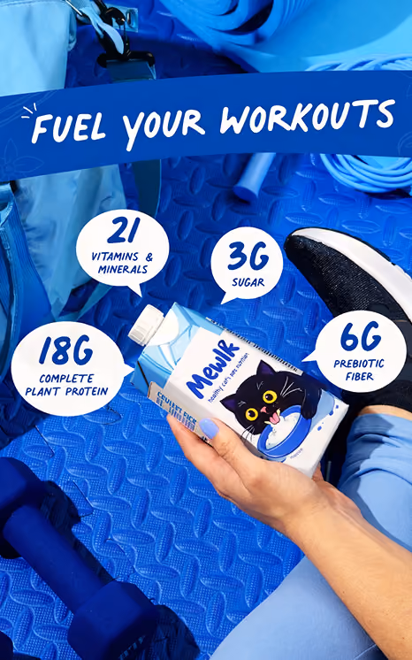 Hand holding a Mewlk protein drink on a gym mat in a Meta ad.