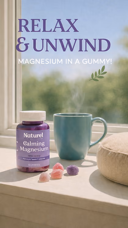 Naturel magnesium gummy bottle on a windowsill with a tea mug.