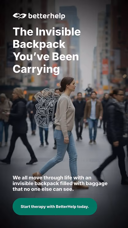 Woman crossing a busy street with an invisible backpack illustration, BetterHelp ad.