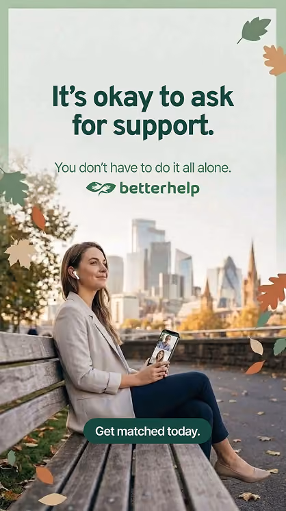 Woman on a park bench having a video therapy call in a BetterHelp ad.