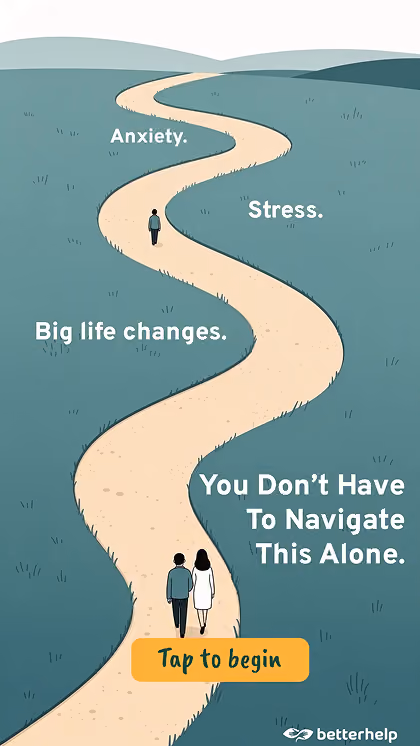 Illustrated winding path with people walking, BetterHelp ad design.