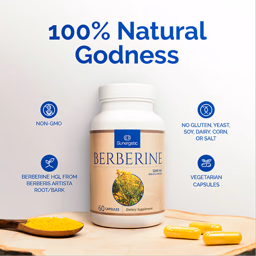 Berberine supplement bottle with capsules on a wooden surface.