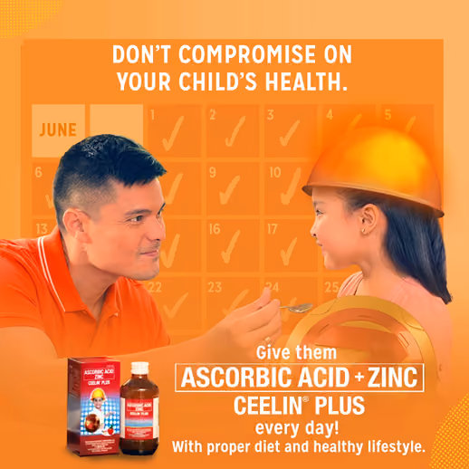 Father feeding his daughter vitamin syrup in a children's health ad.