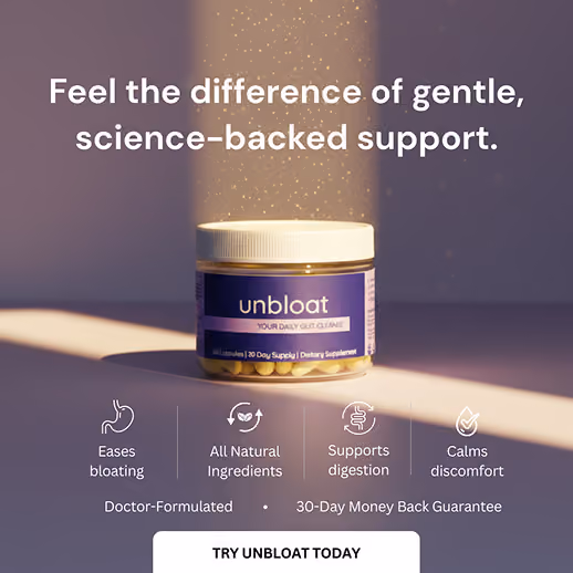 Unbloat supplement jar lit by a beam of light on a purple backdrop.