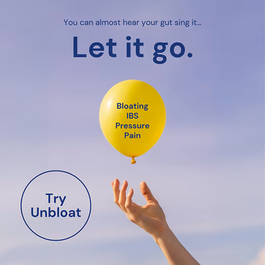 Hand releasing a balloon labeled with bloating symptoms in an Unbloat ad.