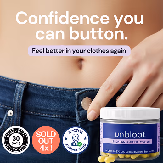 Woman buttoning jeans while holding an Unbloat supplement jar.