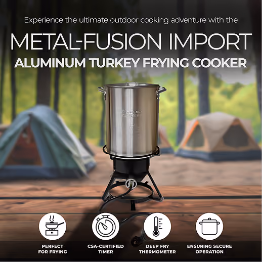 Aluminum turkey fryer cooker at a campsite in a Meta ad.