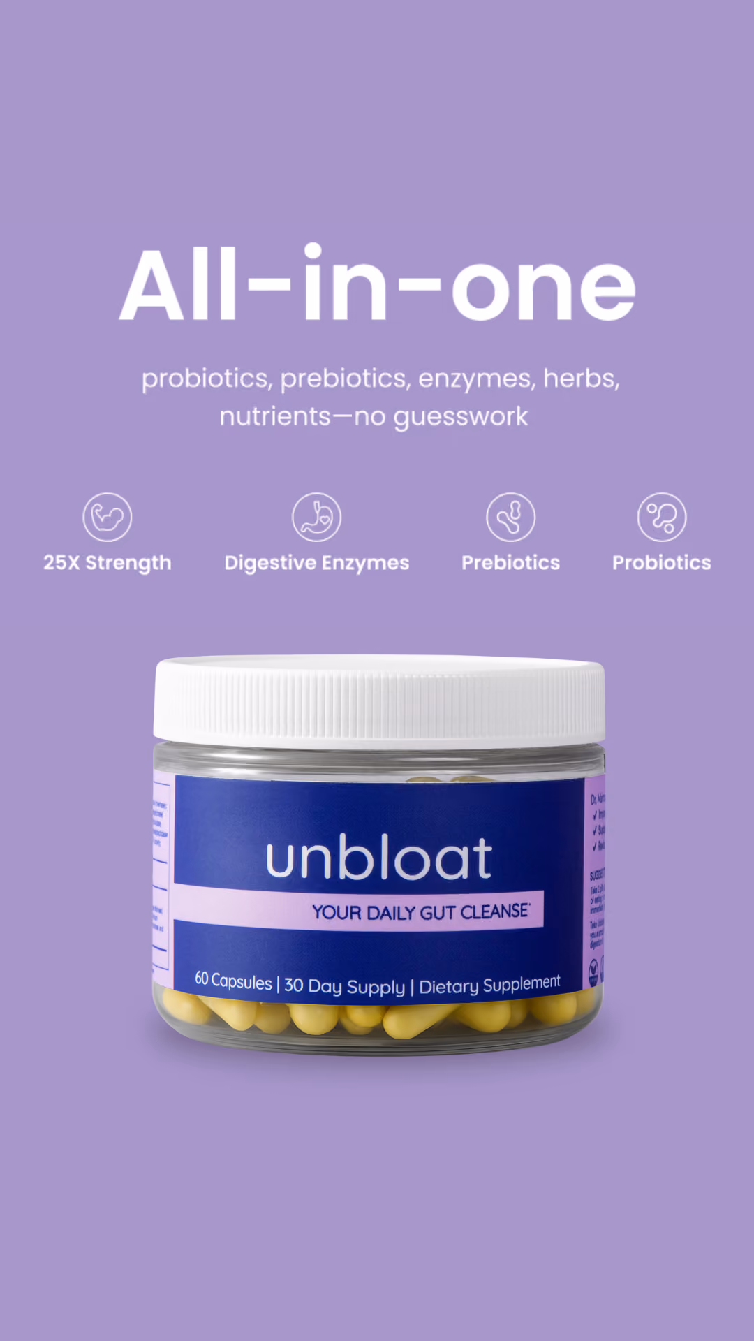 Unbloat gut cleanse supplement jar on a purple Story ad design.