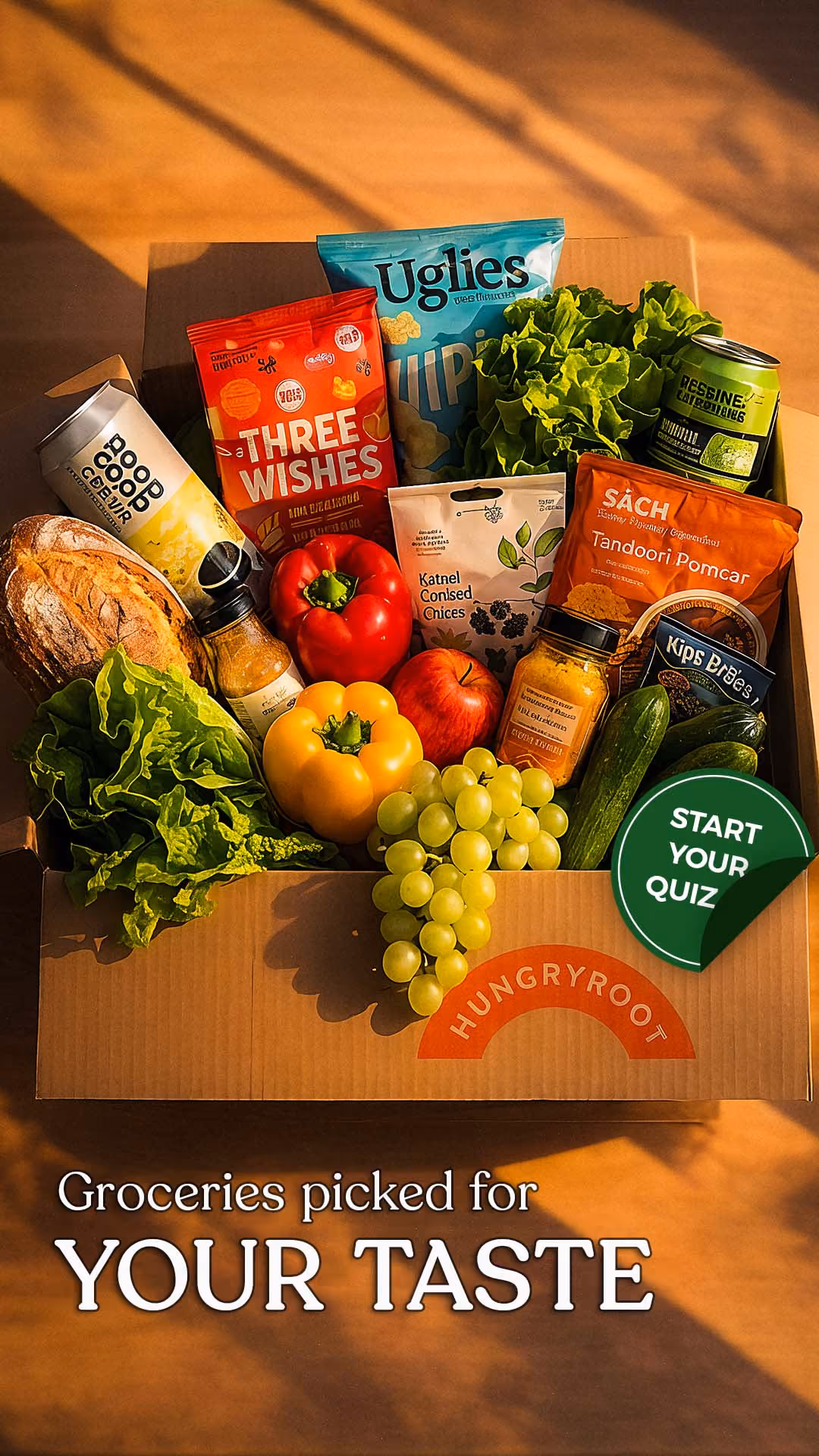 Hungryroot grocery box filled with fresh produce and snacks.