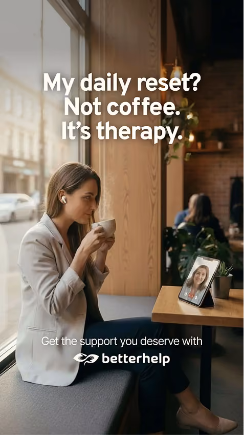 Woman sipping coffee during a video therapy call in a BetterHelp ad.