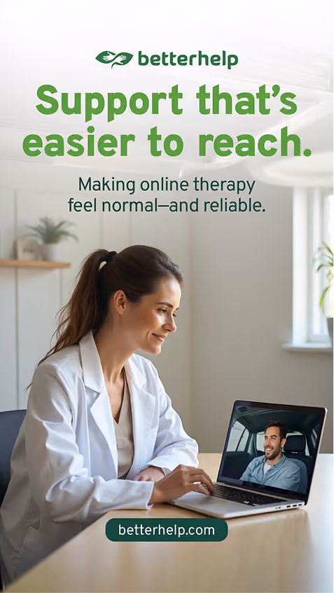 Therapist smiling during an online video session in a BetterHelp ad.