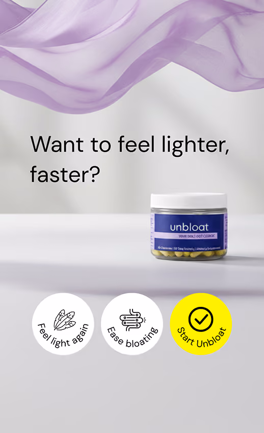 Unbloat supplement jar with flowing purple fabric backdrop.