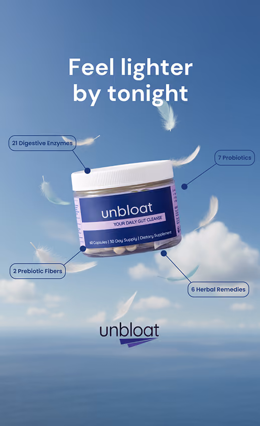 Unbloat supplement jar floating with feathers against a sky backdrop.