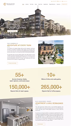 Luxury apartment complex website mockup with a modern kitchen interior.