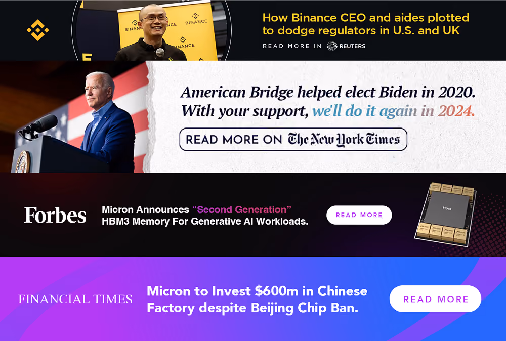 News-style native advertising banner mockups from Reuters, NYT, and Forbes.