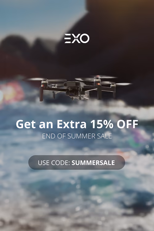 EXO camera drone flying over the ocean in a summer sale banner ad.