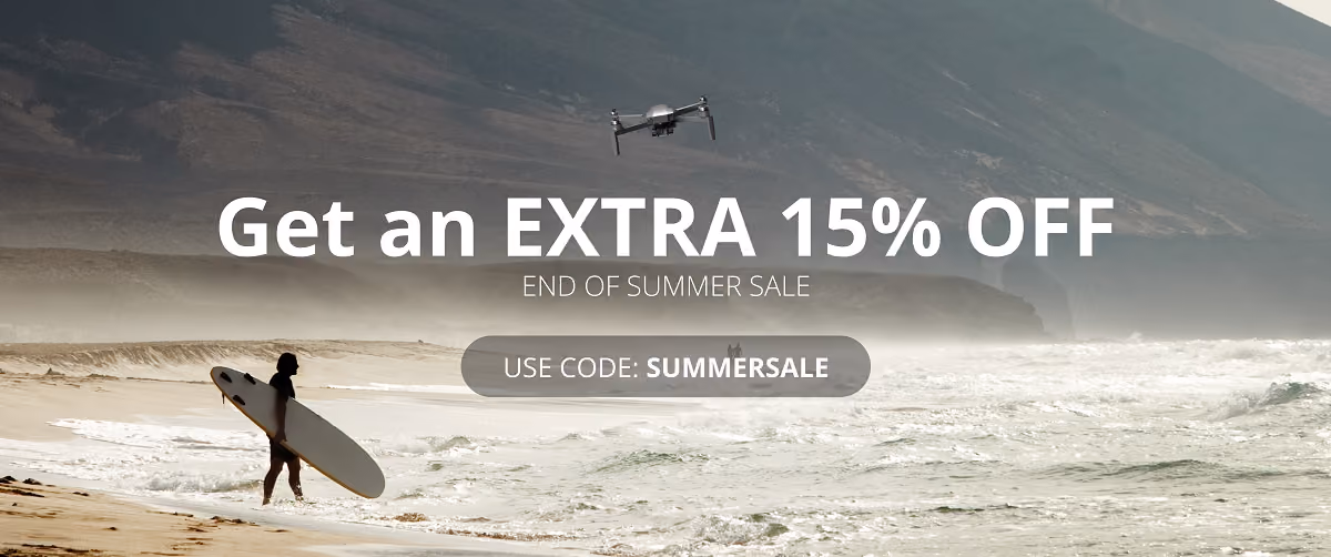 Surfer walking on a foggy beach in an end-of-summer sale banner ad.