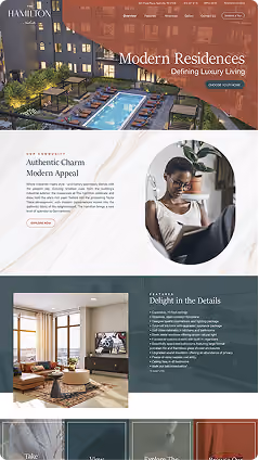 Hamilton luxury residences website mockup with a rooftop pool.