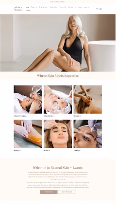 Skin and beauty spa website mockup with facial treatment photos.