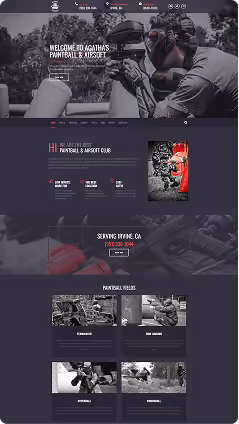 Paintball and airsoft club website mockup with players in gear.