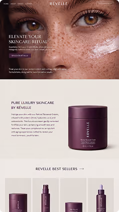 Revelle luxury skincare website mockup with a close-up product shot.
