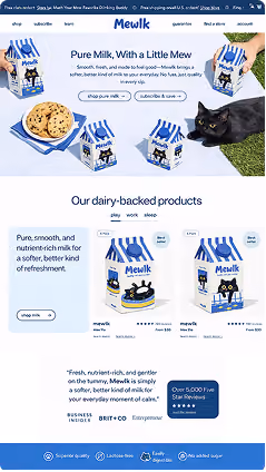 Mewlk milk brand website mockup with a black cat and cookies.