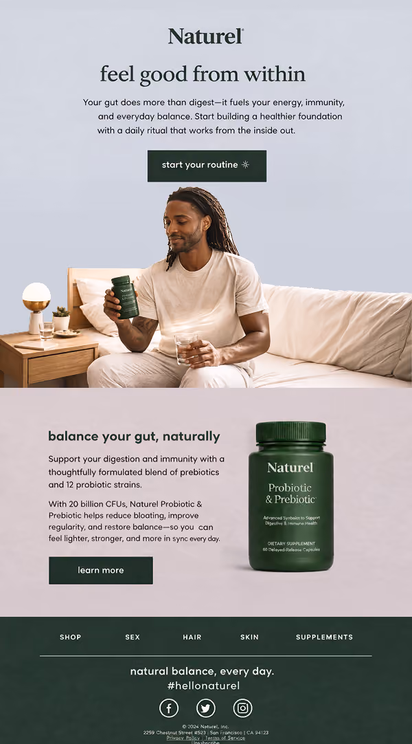Man holding a probiotic supplement bottle in a marketing email design.