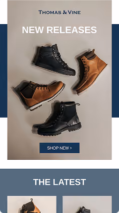 Flatlay of four boots in a Thomas & Vine new releases email.