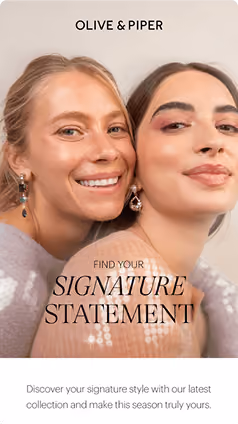 Two women wearing statement earrings in an Olive & Piper email design.