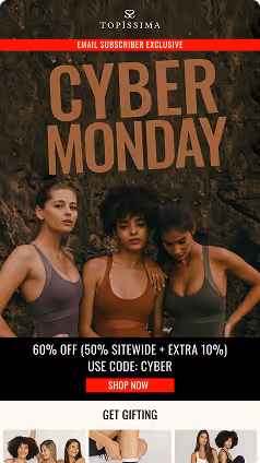 Three women in activewear posing for a Cyber Monday sale email.