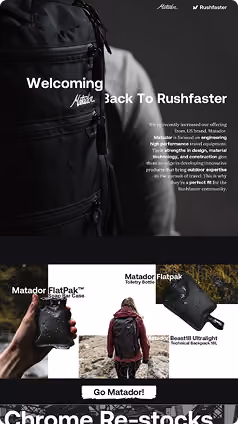 Matador travel backpack and gear collection in a product email.