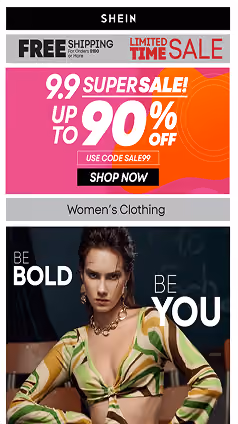 Woman in patterned outfit in a SHEIN super sale email design.