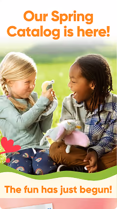 Two children playing outdoors in a spring catalog email design.