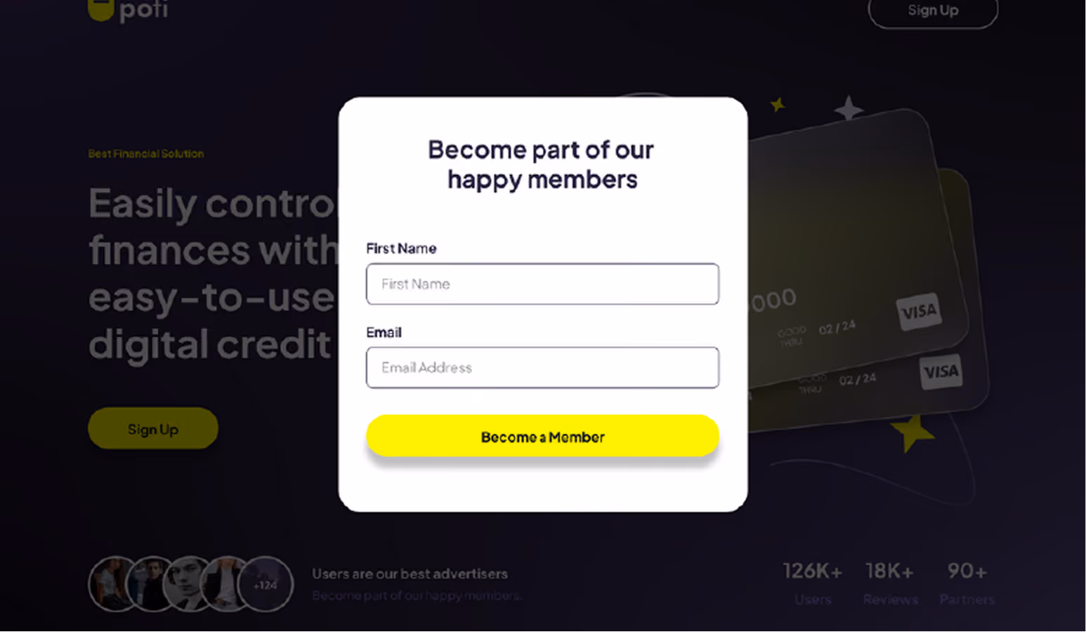 Pofi fintech landing page with a member sign-up form and credit cards.