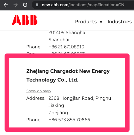 ABB site screenshot showing a manufacturing facility address in Zhejijang