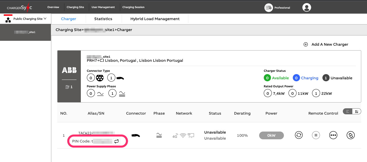 ChargerSync platform showing the pin code could be reset for the newly provisioned charger