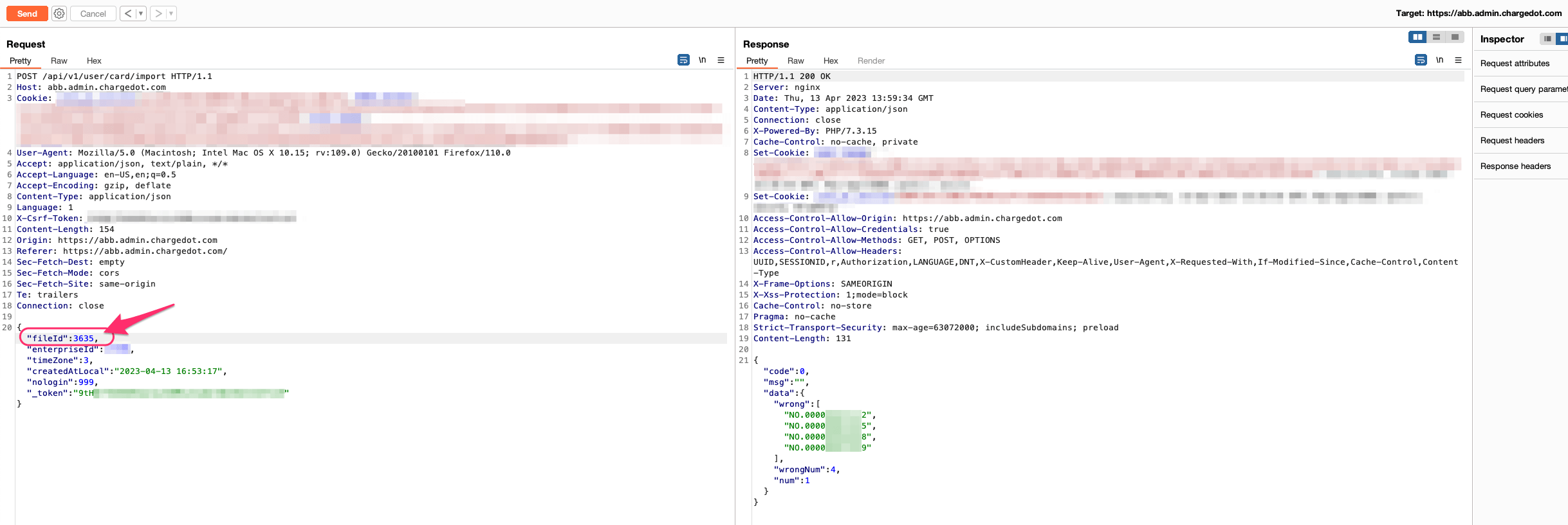 POST request to /api/v1/user/card/import using an enumerated file ID and its response